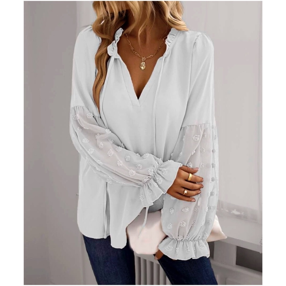 Boho Swiss Dot Sheer Sleeve Ruffle Blouse - Picture 10 of 14